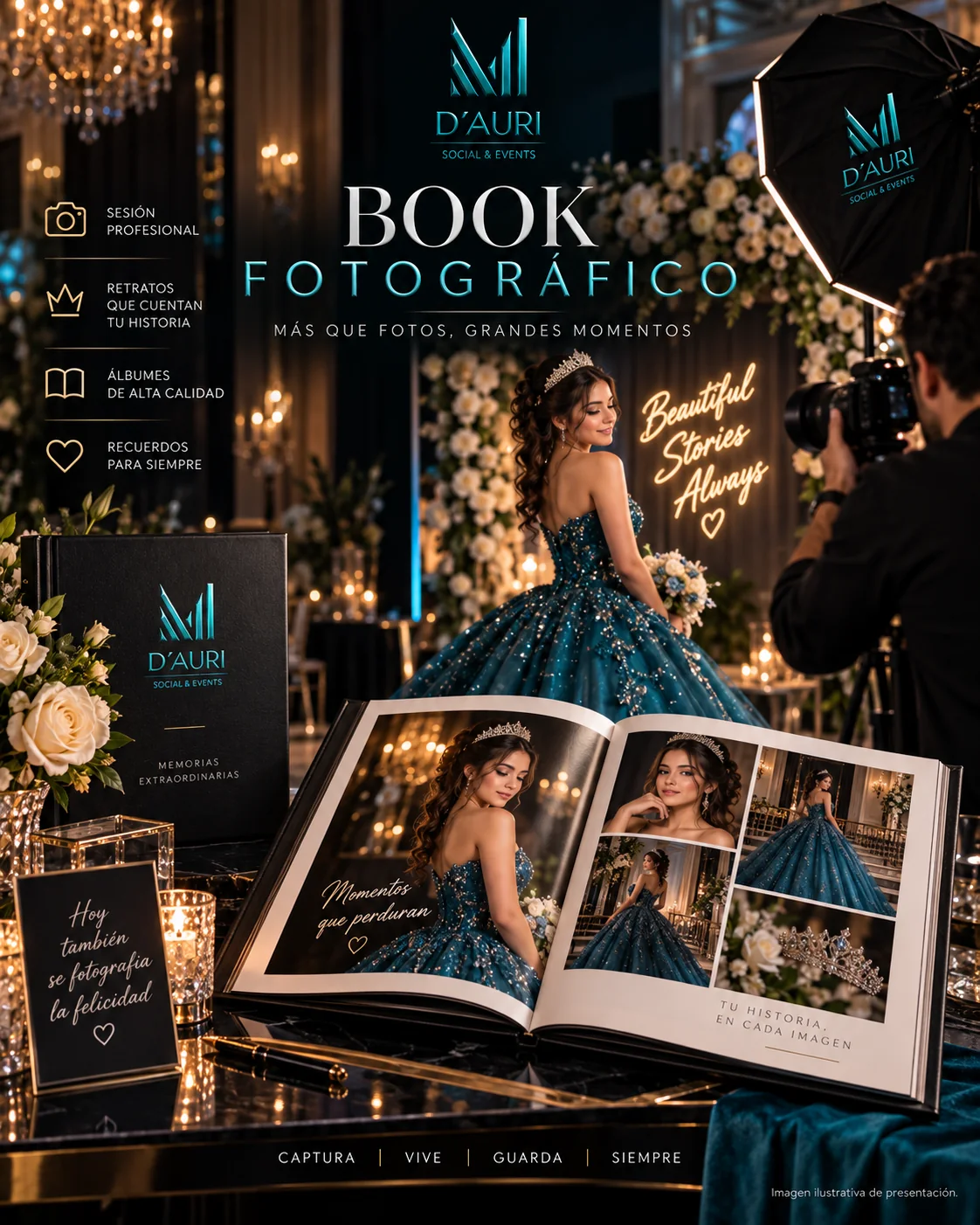 Visual ilustrativo de Book Fotográfico en D’Auri Social & Events